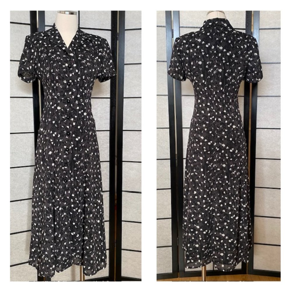 Vintage Evan Picone Petites Black Gray Off White Midi Dress -Size 2 Petite